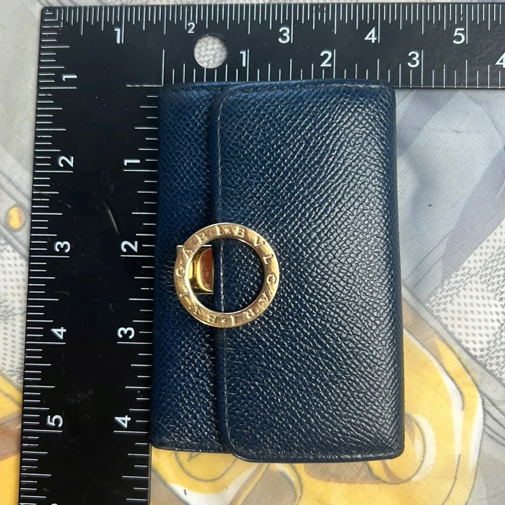 Auth.BVLGARI B-Zero Indigo Blue Leather Key Case Vintage Gold-Tone hardware 3x4”